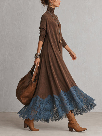 Alix | Robe longue vintage effet daim avec dentelle