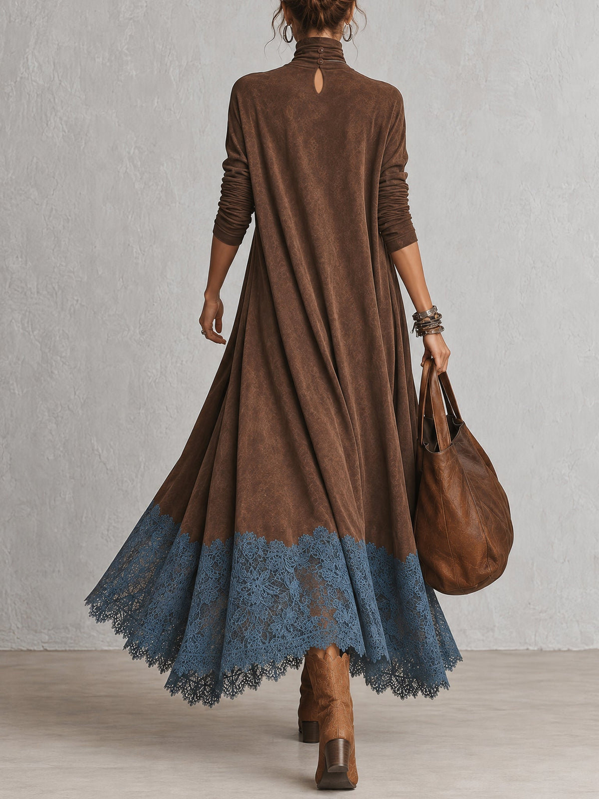Alix | Robe longue vintage effet daim avec dentelle