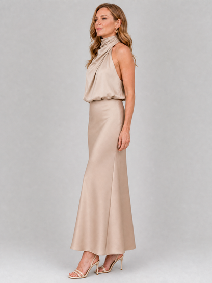 Céleste | Robe midi sans manches avec encolure drapée
