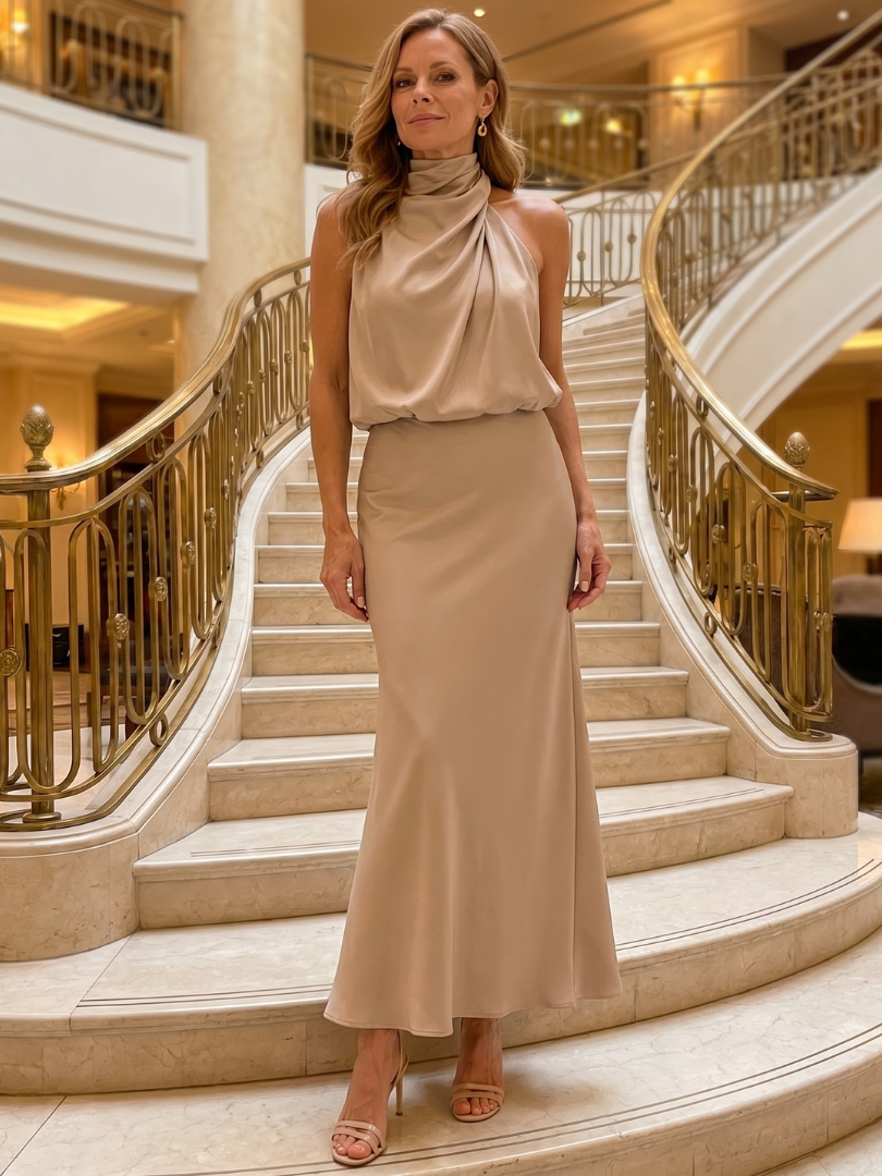 Céleste | Robe midi sans manches avec encolure drapée