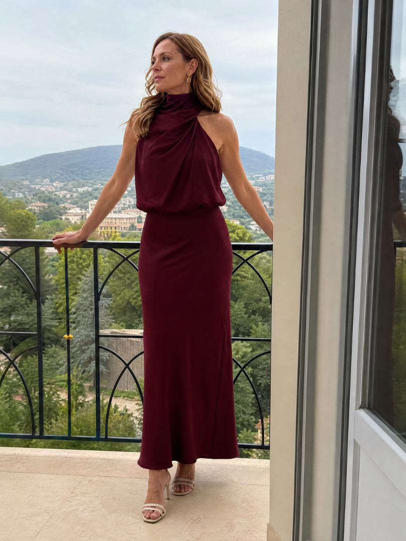 Céleste | Robe midi sans manches avec encolure drapée