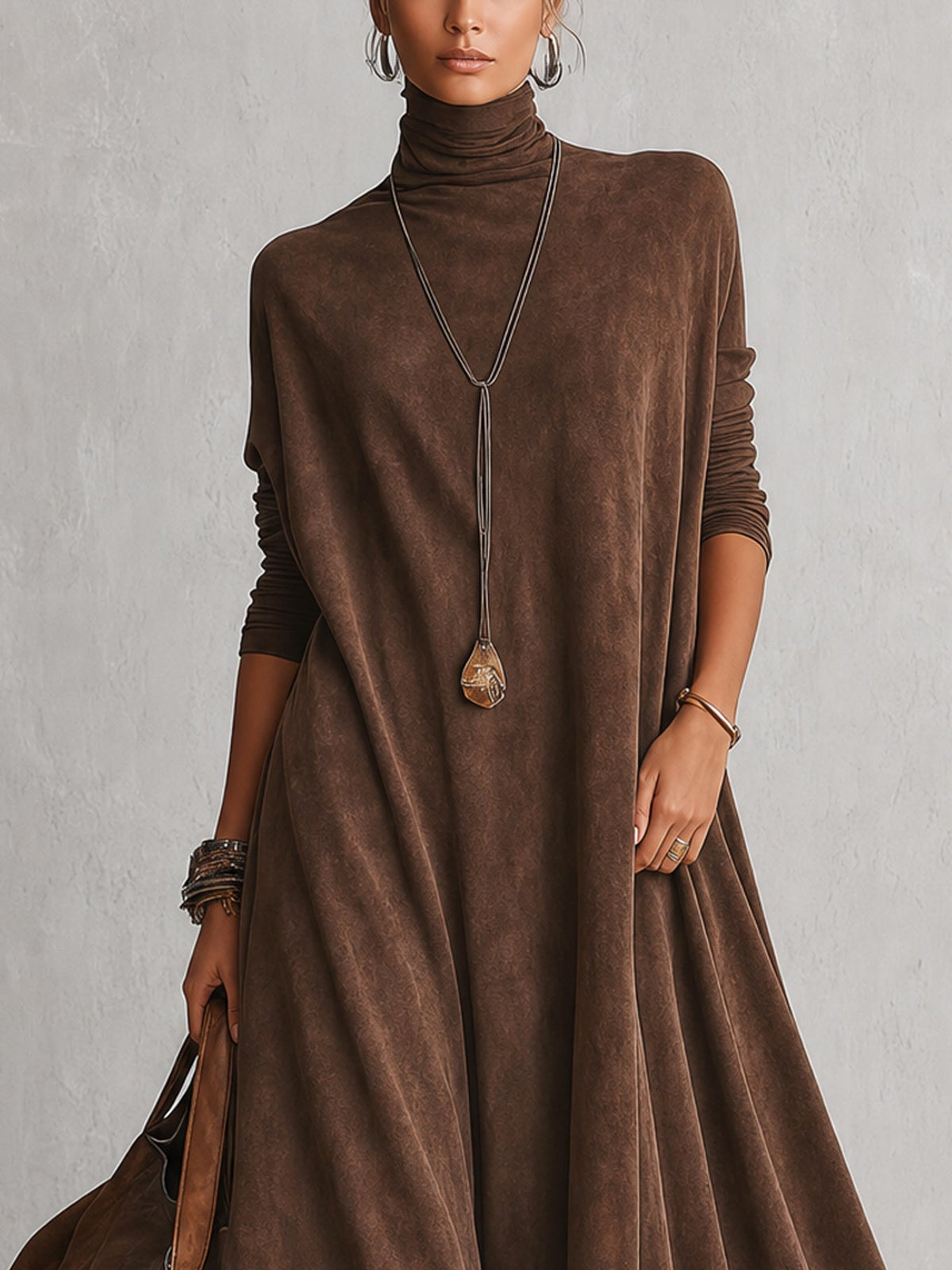 Alix | Robe longue vintage effet daim avec dentelle