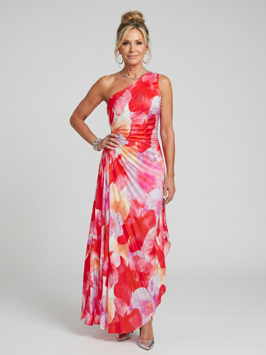 Éclat | Robe midi asymétrique, corsage plissé une épaule