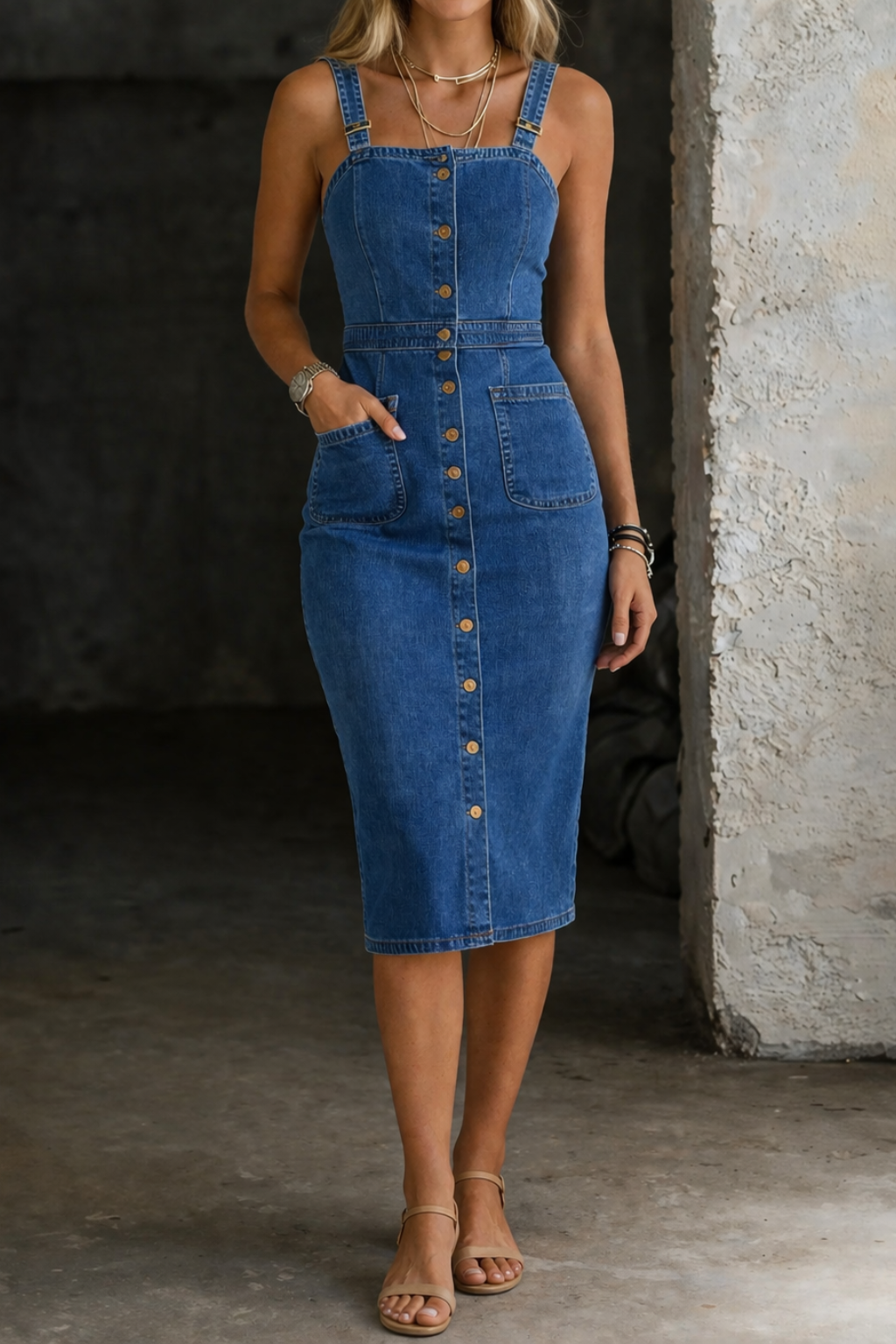 Camille | Robe en denim boutonnée, bretelles ajustables