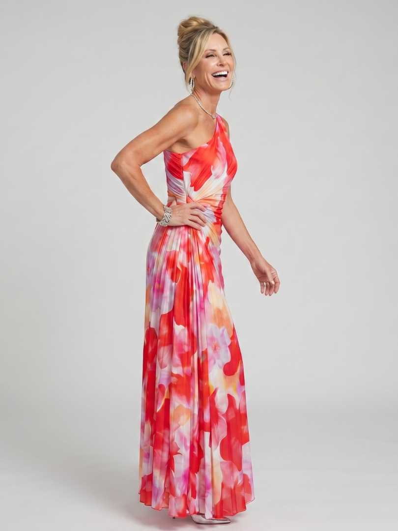 Éclat | Robe midi asymétrique, corsage plissé une épaule