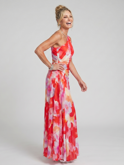 Éclat | Robe midi asymétrique, corsage plissé une épaule