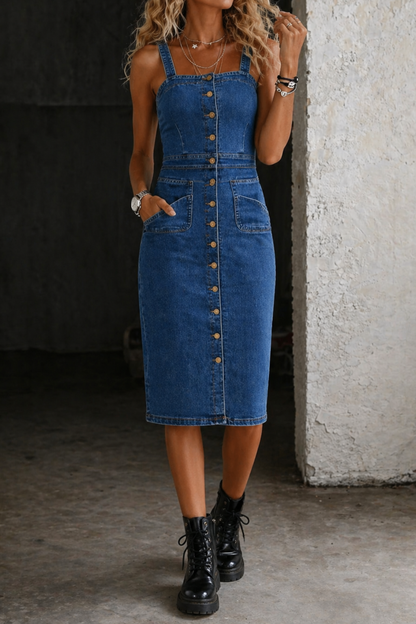Camille | Robe en denim boutonnée, bretelles ajustables