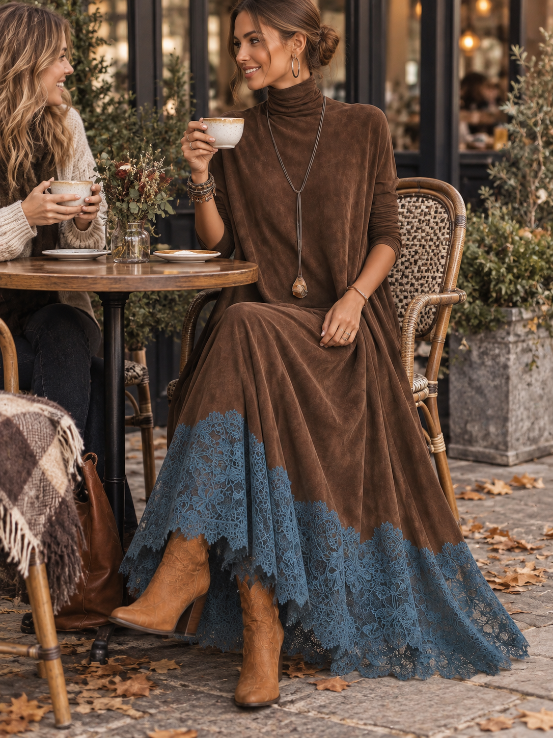 Alix | Robe longue vintage effet daim avec dentelle