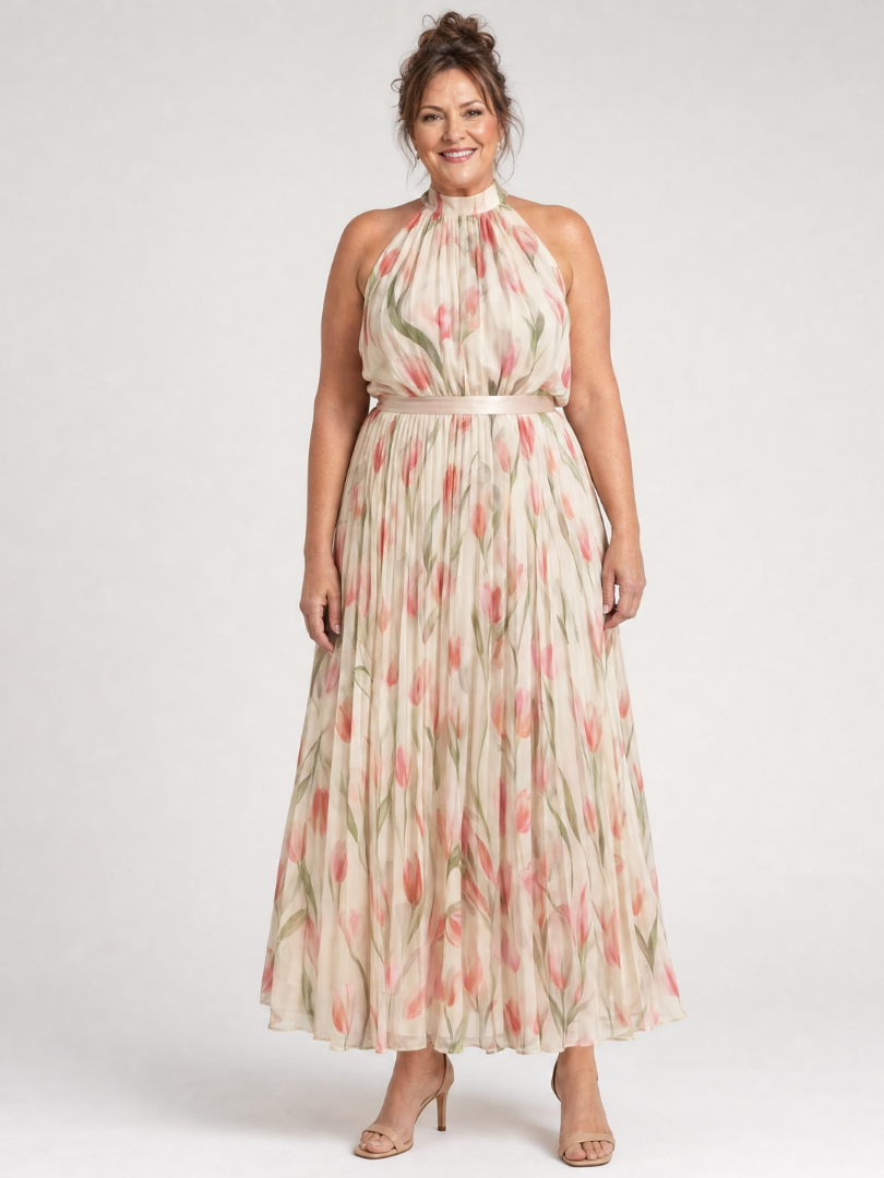Fleurine | Robe midi florale, col bénitier et taille cintrée