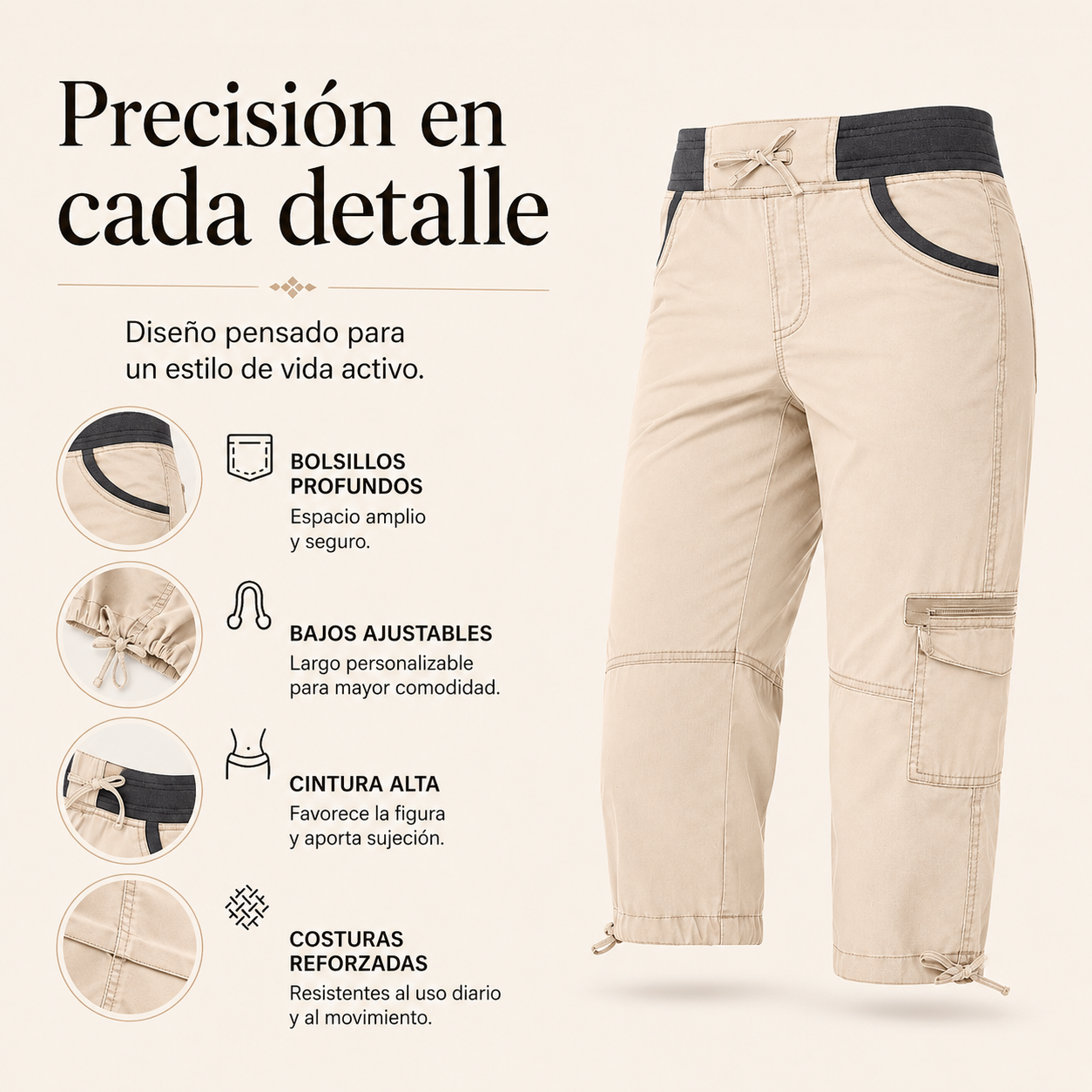 Valeria | Pantalon Capri Cargo taille haute