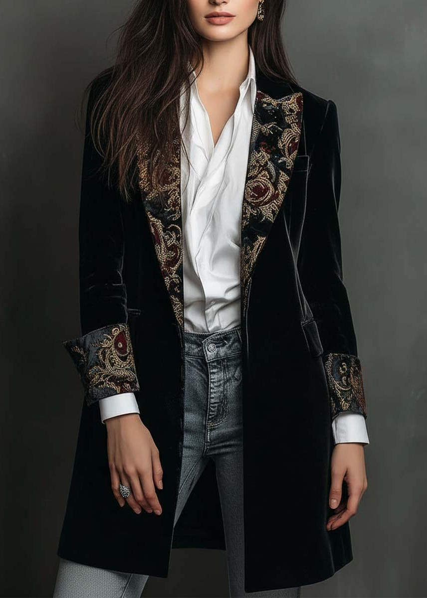 Blazer noir slim à revers et imprimé baroque