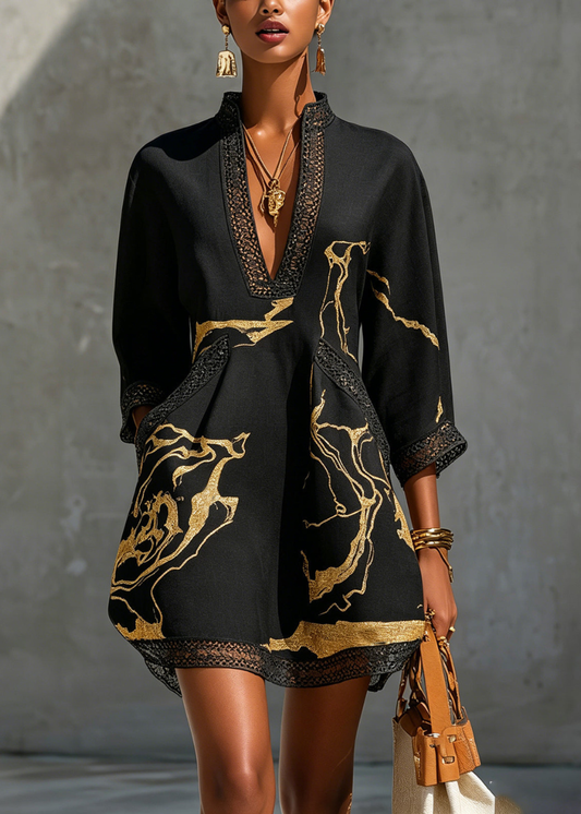 Madame | Mini robe noire imprimé marbre doré et dentelle crochet