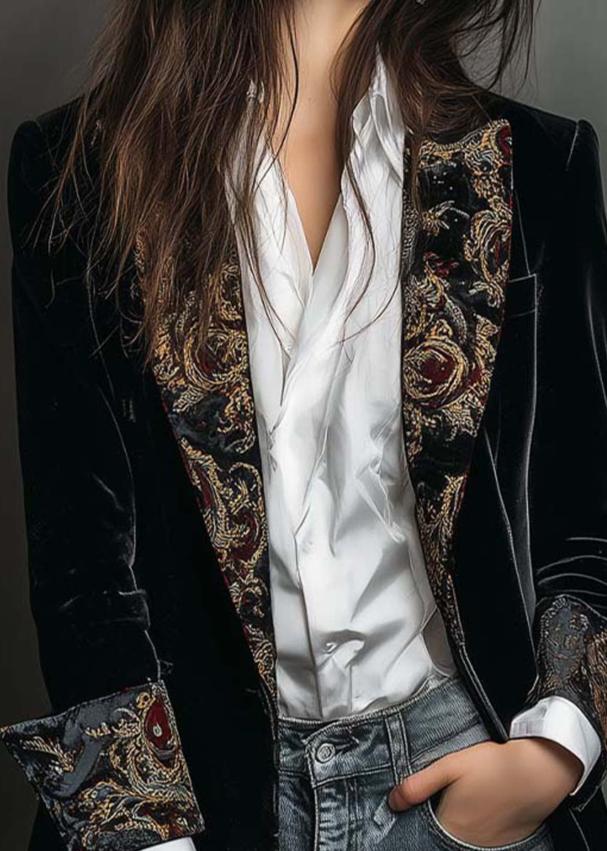 Blazer noir slim à revers et imprimé baroque