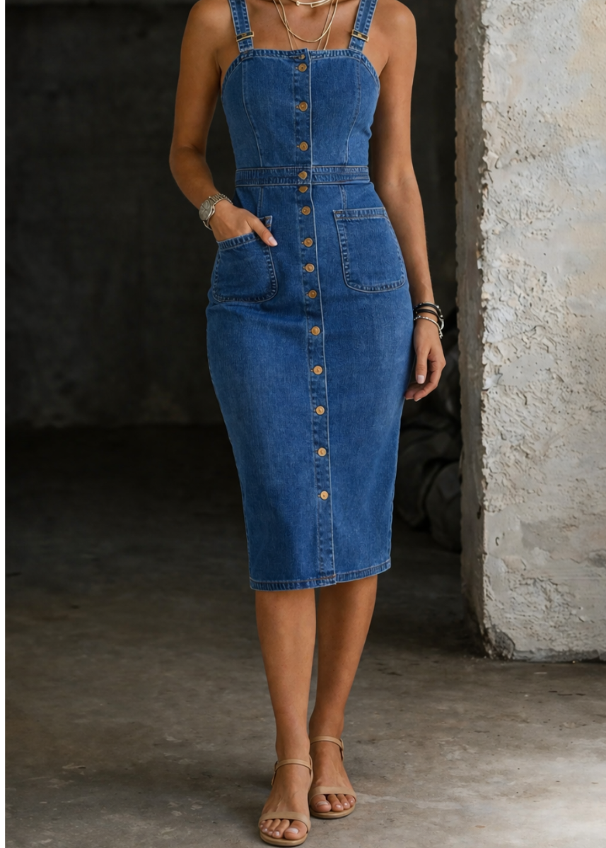Camille | Robe en denim boutonnée, bretelles ajustables