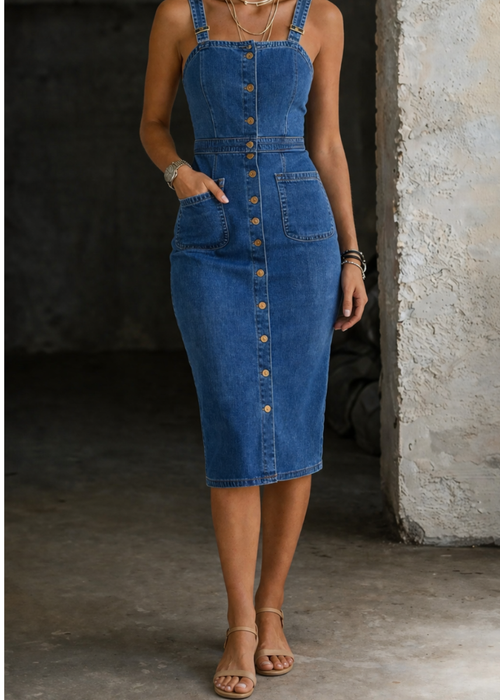Camille | Robe en denim boutonnée, bretelles ajustables