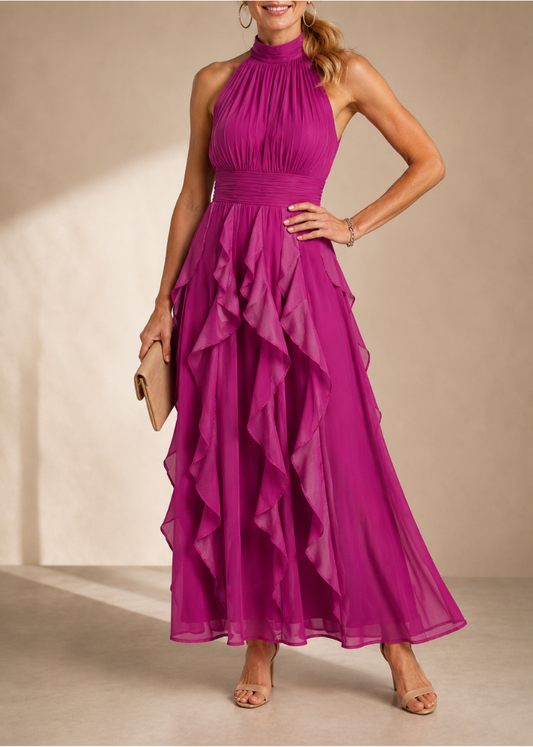 Rosalie | Robe maxi romantique à volants, col montant