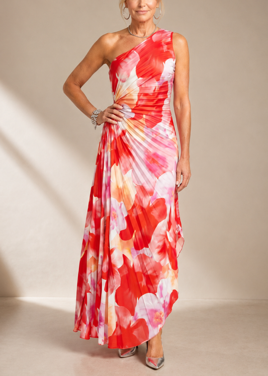 Éclat | Robe midi asymétrique, corsage plissé une épaule