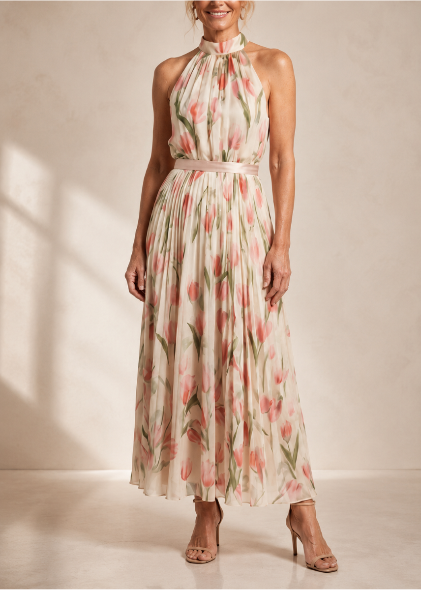 Fleurine | Robe midi florale, col bénitier et taille cintrée