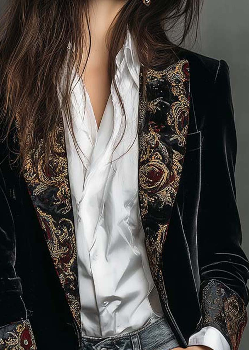 Blazer noir slim à revers et imprimé baroque
