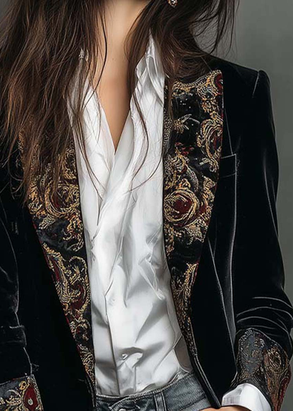 Blazer noir slim à revers et imprimé baroque