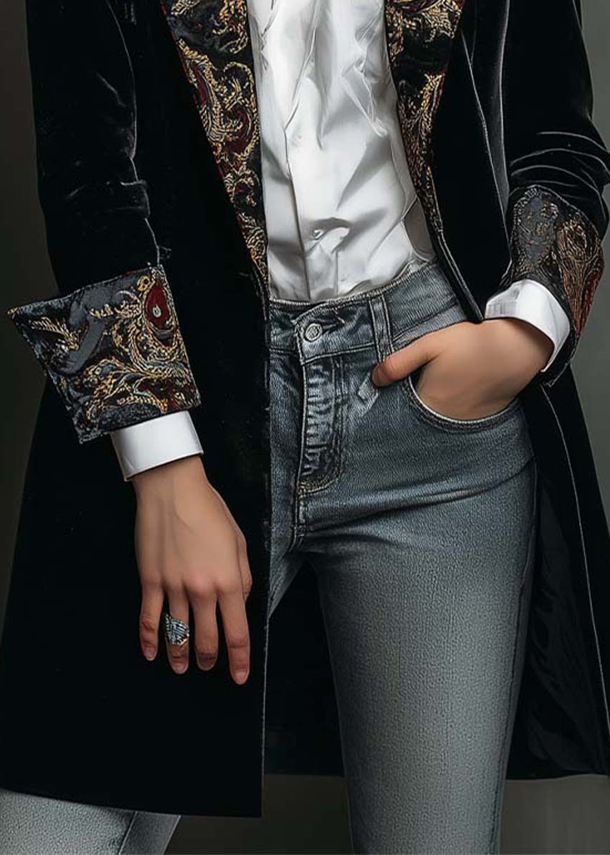Blazer noir slim à revers et imprimé baroque