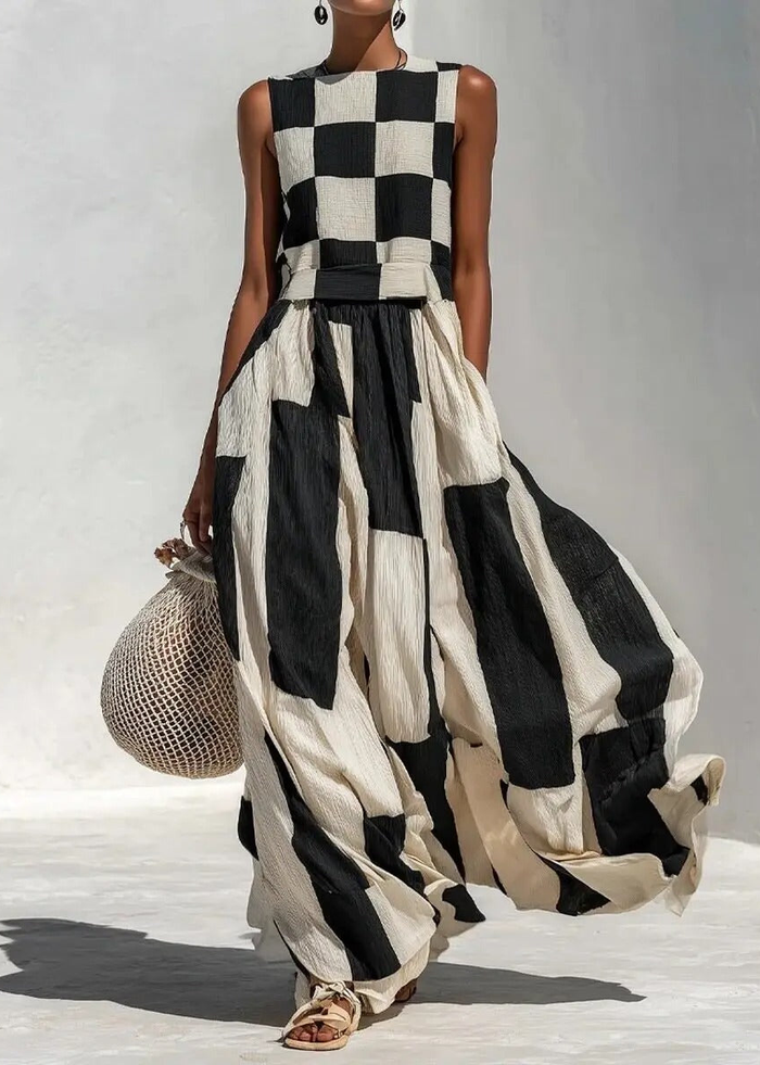 Noa | Robe longue à motifs géométriques noir et blanc