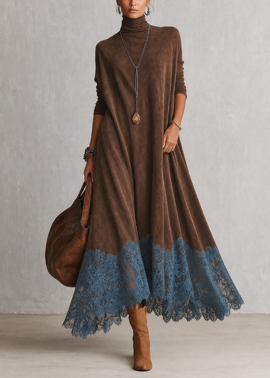 Alix | Robe longue vintage effet daim avec dentelle