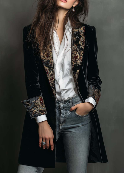 Blazer noir slim à revers et imprimé baroque