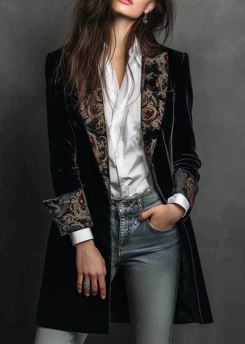 Blazer noir slim à revers et imprimé baroque