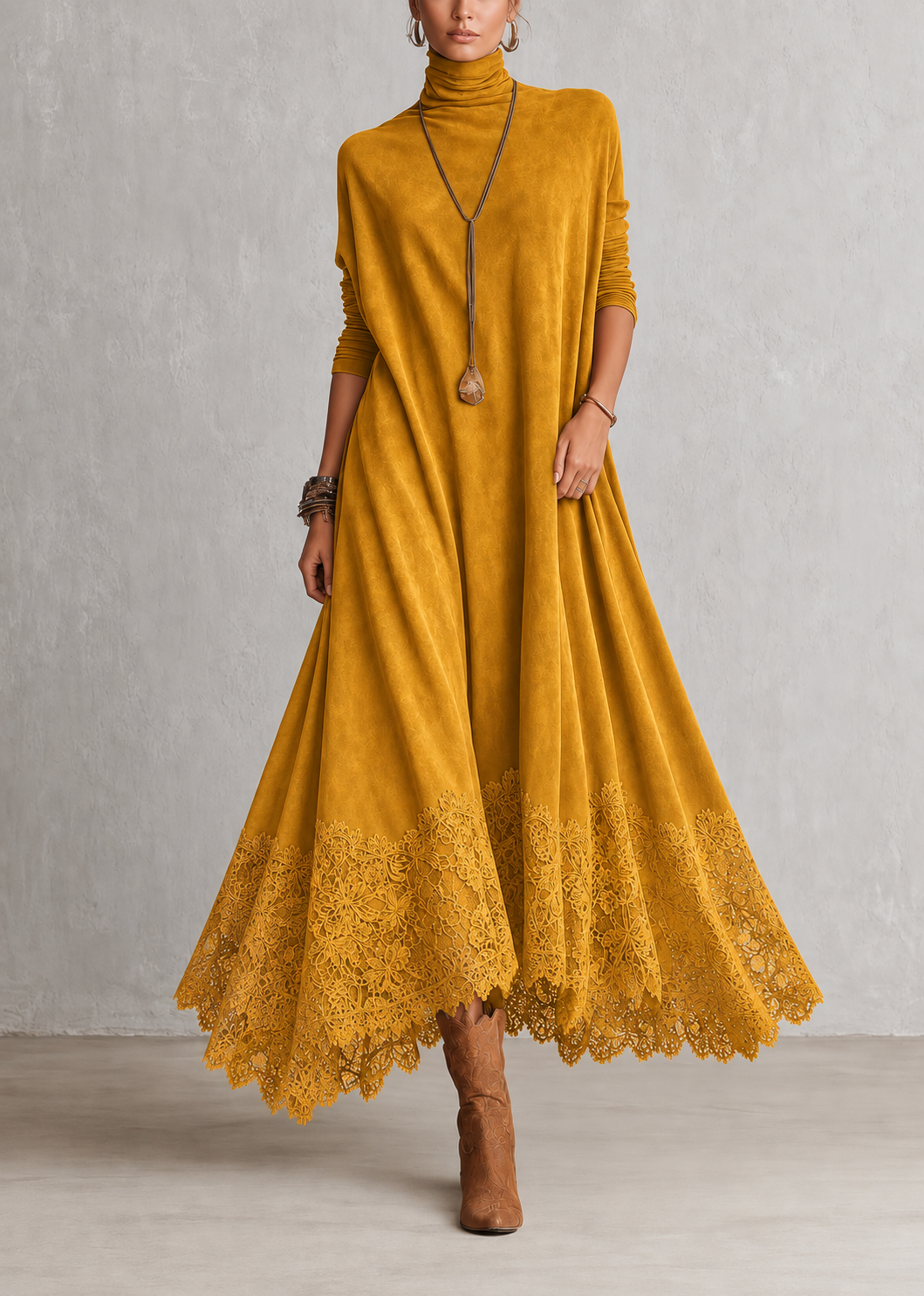 Alix | Robe longue vintage effet daim avec dentelle