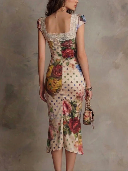 Sophie | Robe Midi Moulante Froncée à Dentelle et Imprimés Mixtes