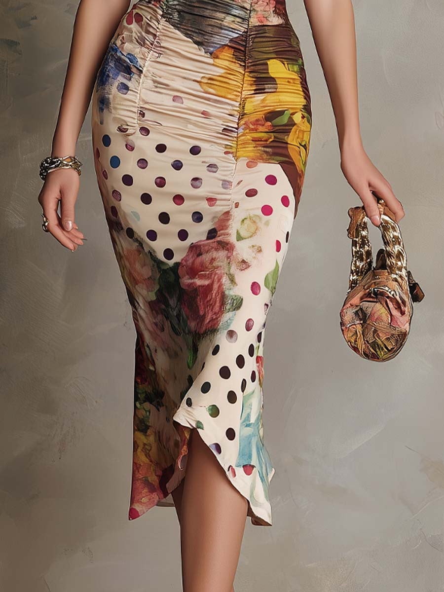 Sophie | Robe Midi Moulante Froncée à Dentelle et Imprimés Mixtes