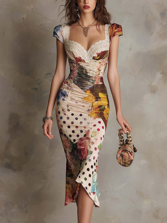 Sophie | Robe Midi Moulante Froncée à Dentelle et Imprimés Mixtes