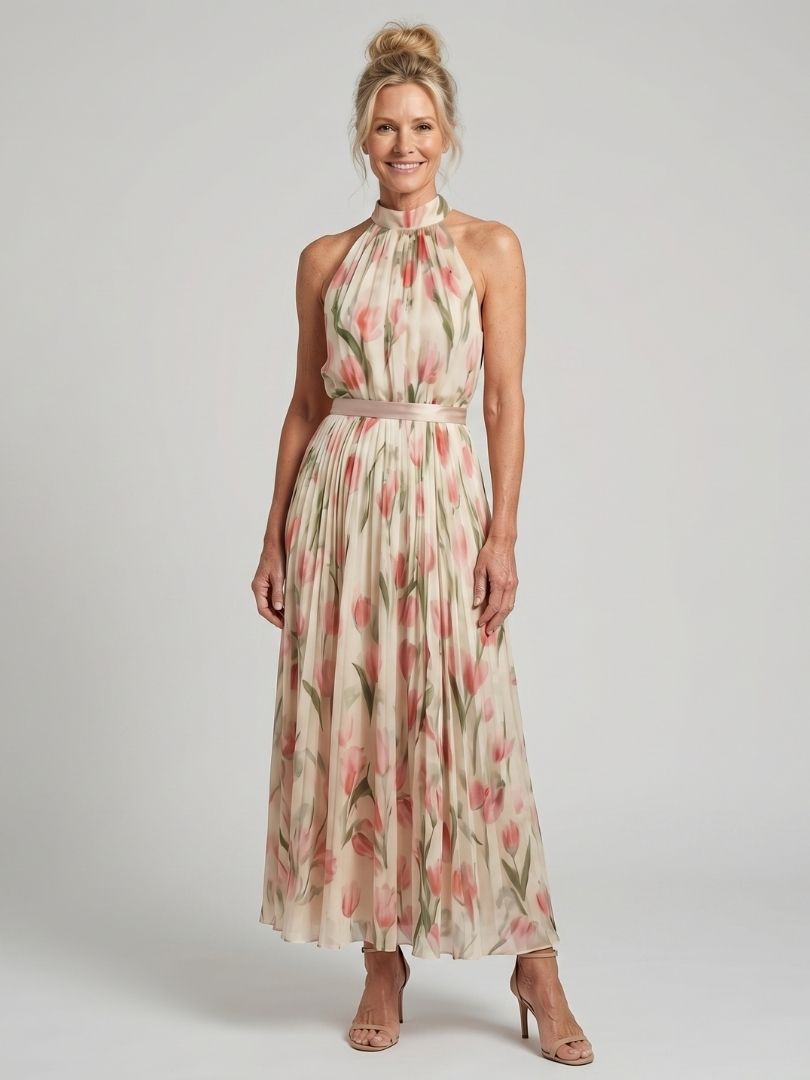 Fleurine | Robe midi florale, col bénitier et taille cintrée