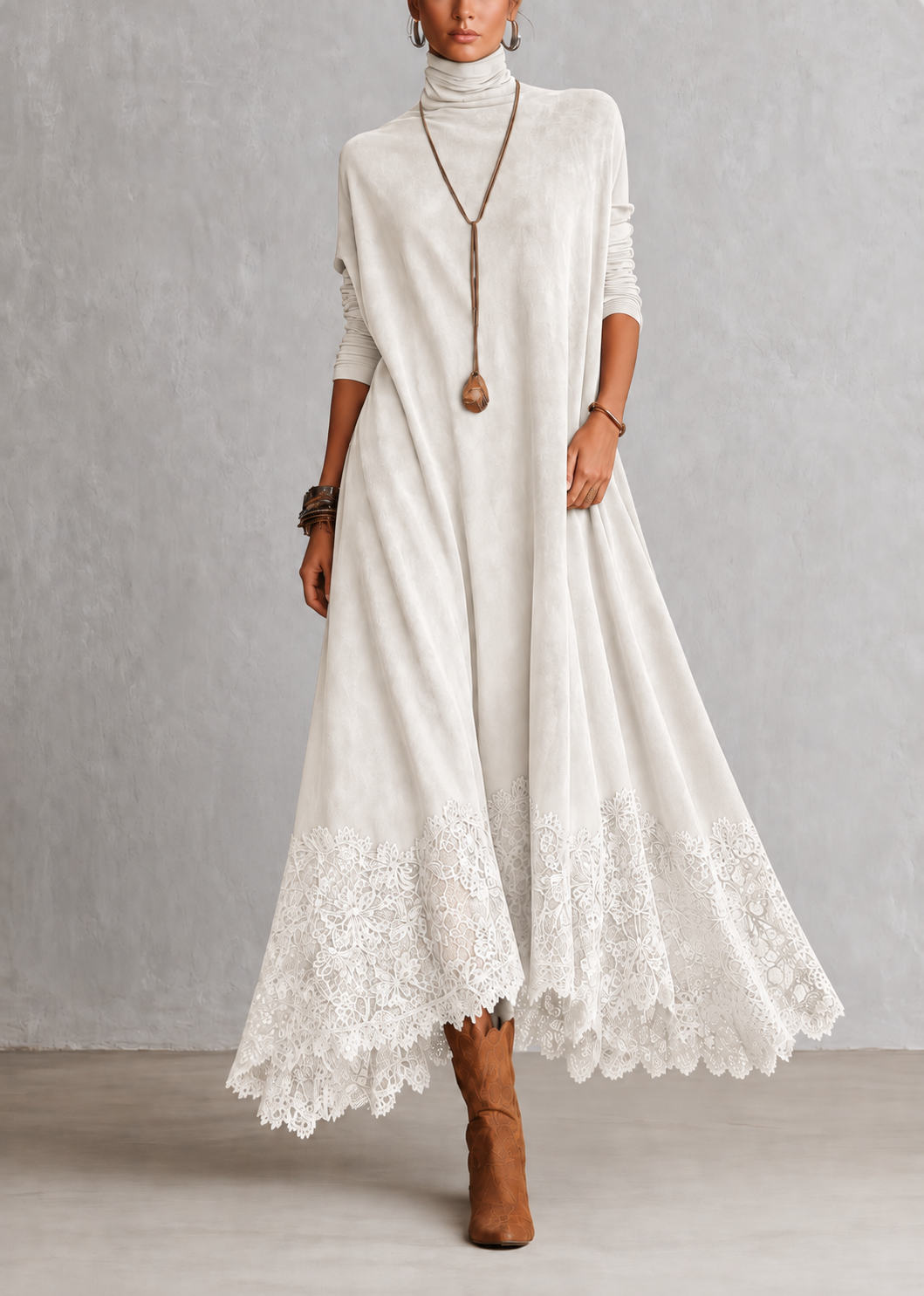 Alix | Robe longue vintage effet daim avec dentelle