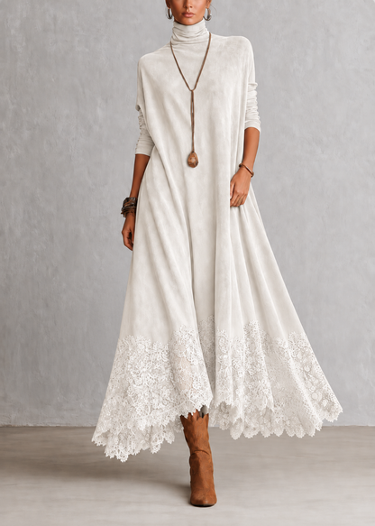 Alix | Robe longue vintage effet daim avec dentelle