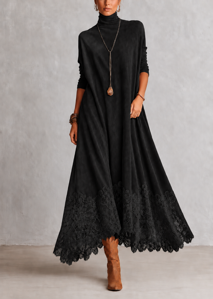 Alix | Robe longue vintage effet daim avec dentelle