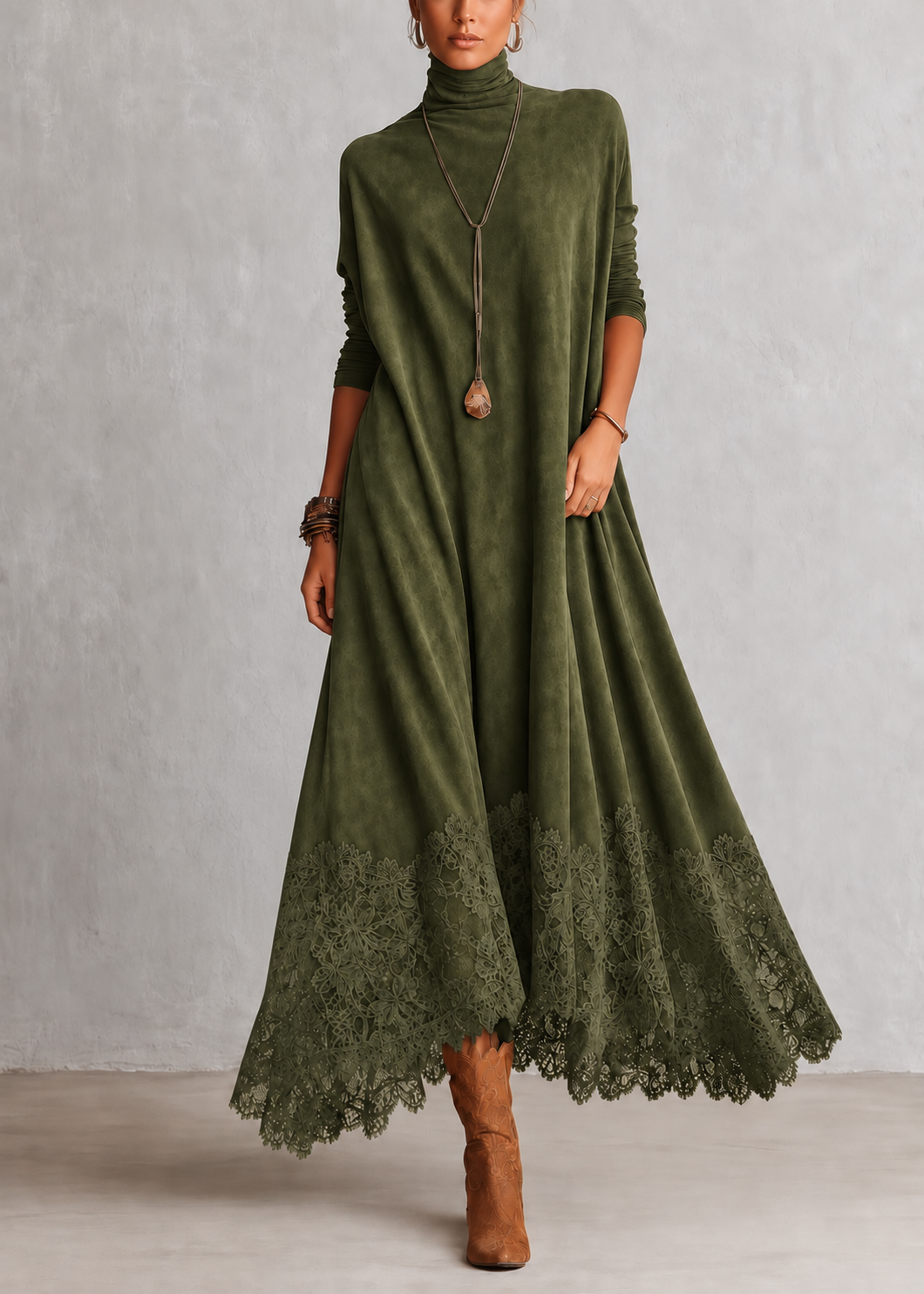 Alix | Robe longue vintage effet daim avec dentelle