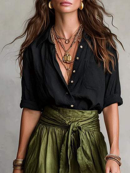 Victoire | Ensemble élégant 2 pièces avec blouse noire et jupe midi