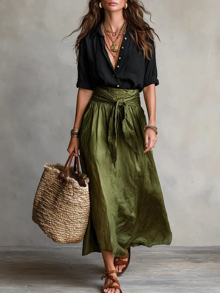 Victoire | Ensemble élégant 2 pièces avec blouse noire et jupe midi