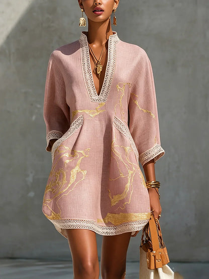 Madame | Mini robe noire imprimé marbre doré et dentelle crochet