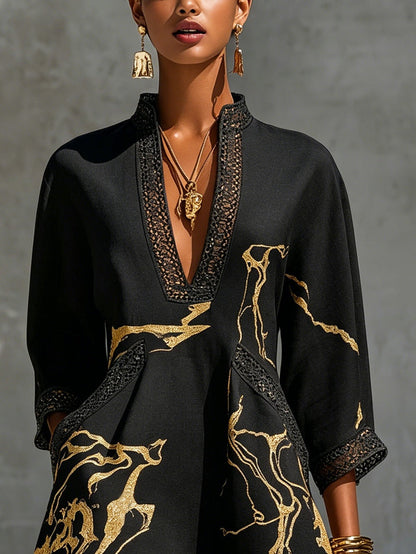 Madame | Mini robe noire imprimé marbre doré et dentelle crochet