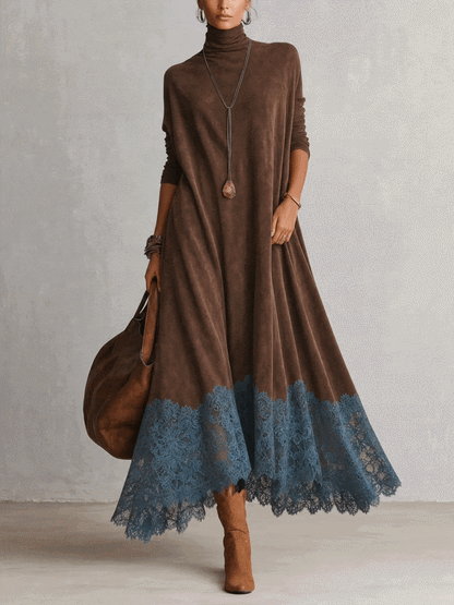 Alix | Robe longue vintage effet daim avec dentelle